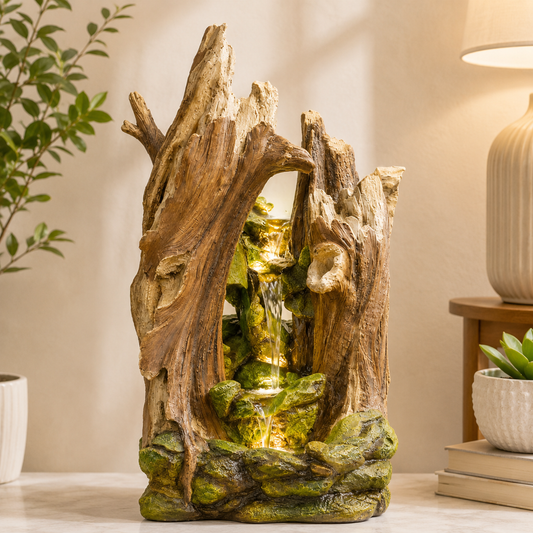 Rustic Wood Style Outdoor Water Fountain with LED Light
