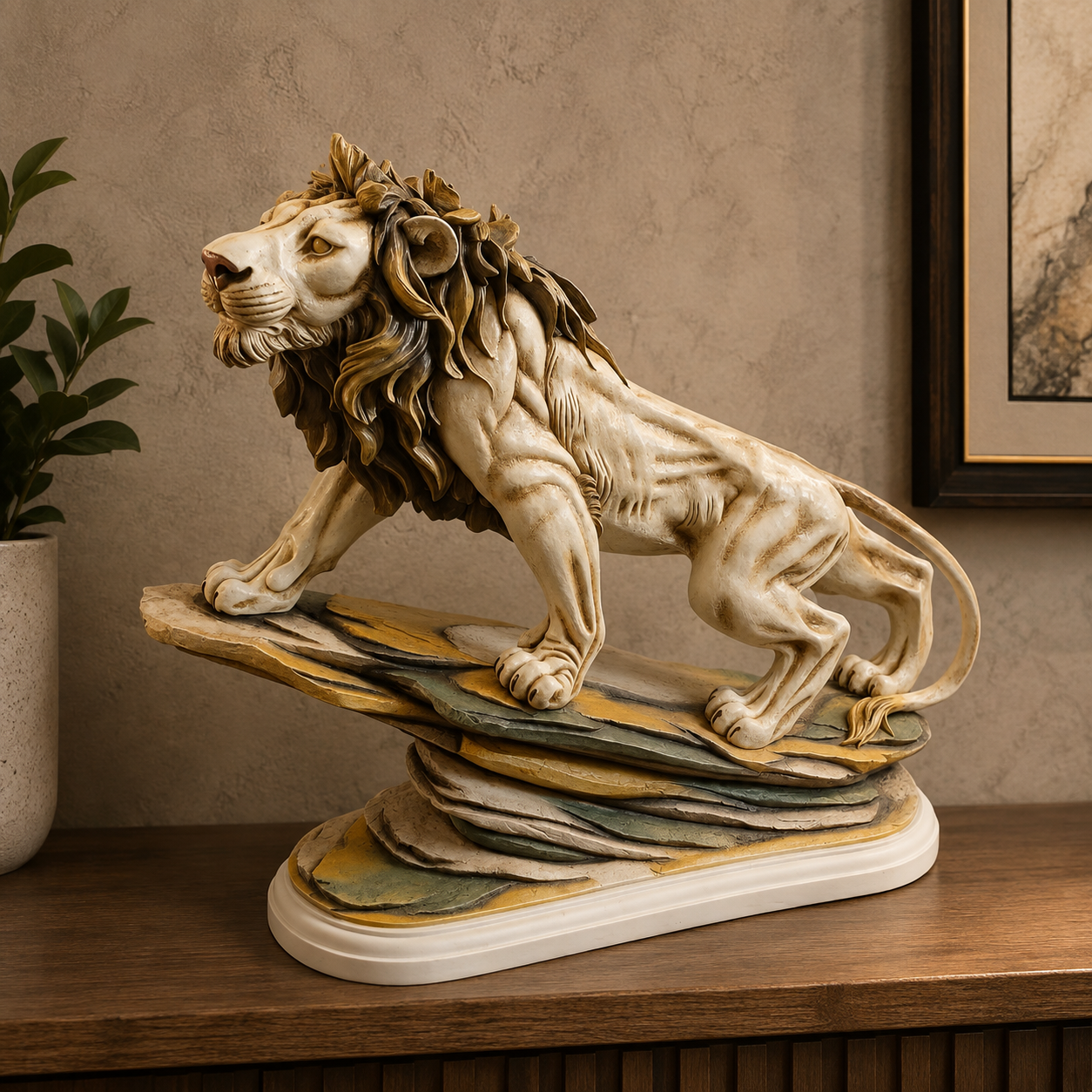 Majestic Lion Statue on Layered Rock Base