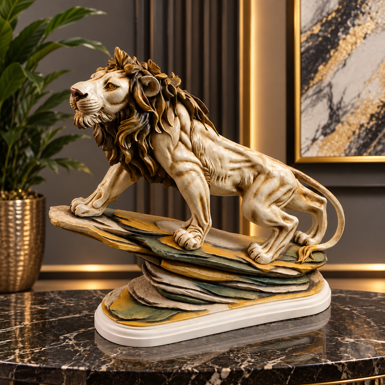 Majestic Lion Statue on Layered Rock Base