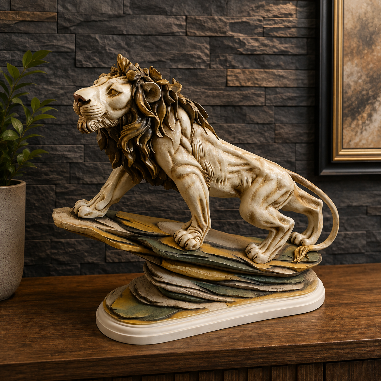 Majestic Lion Statue on Layered Rock Base