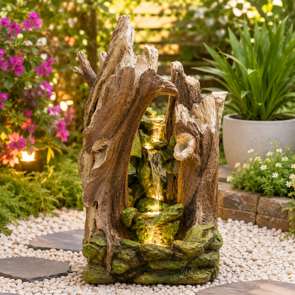 Rustic Wood Style Outdoor Water Fountain with LED Light