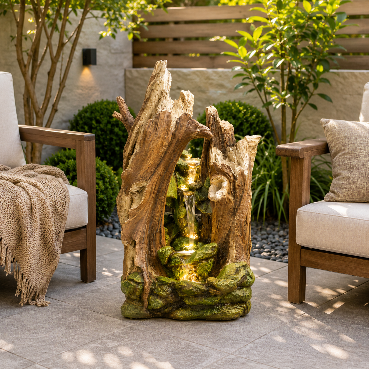 Rustic Wood Style Outdoor Water Fountain with LED Light