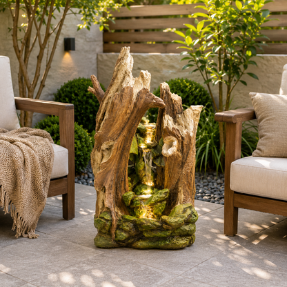 Rustic Wood Style Outdoor Water Fountain with LED Light