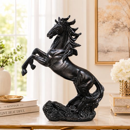 Majestic Black Rearing Horse Statue