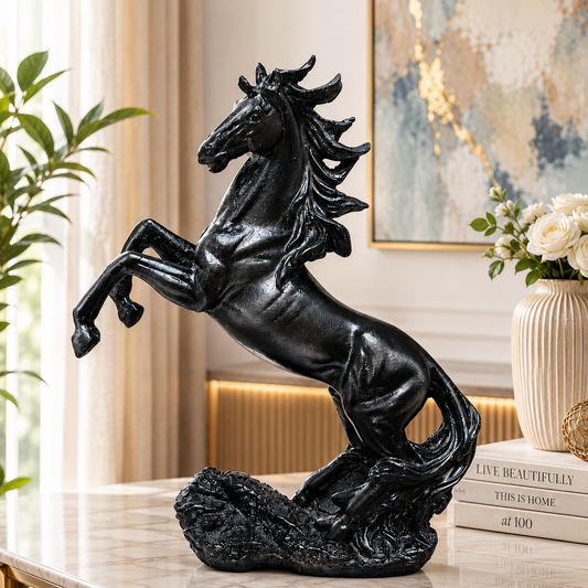 Majestic Black Rearing Horse Statue