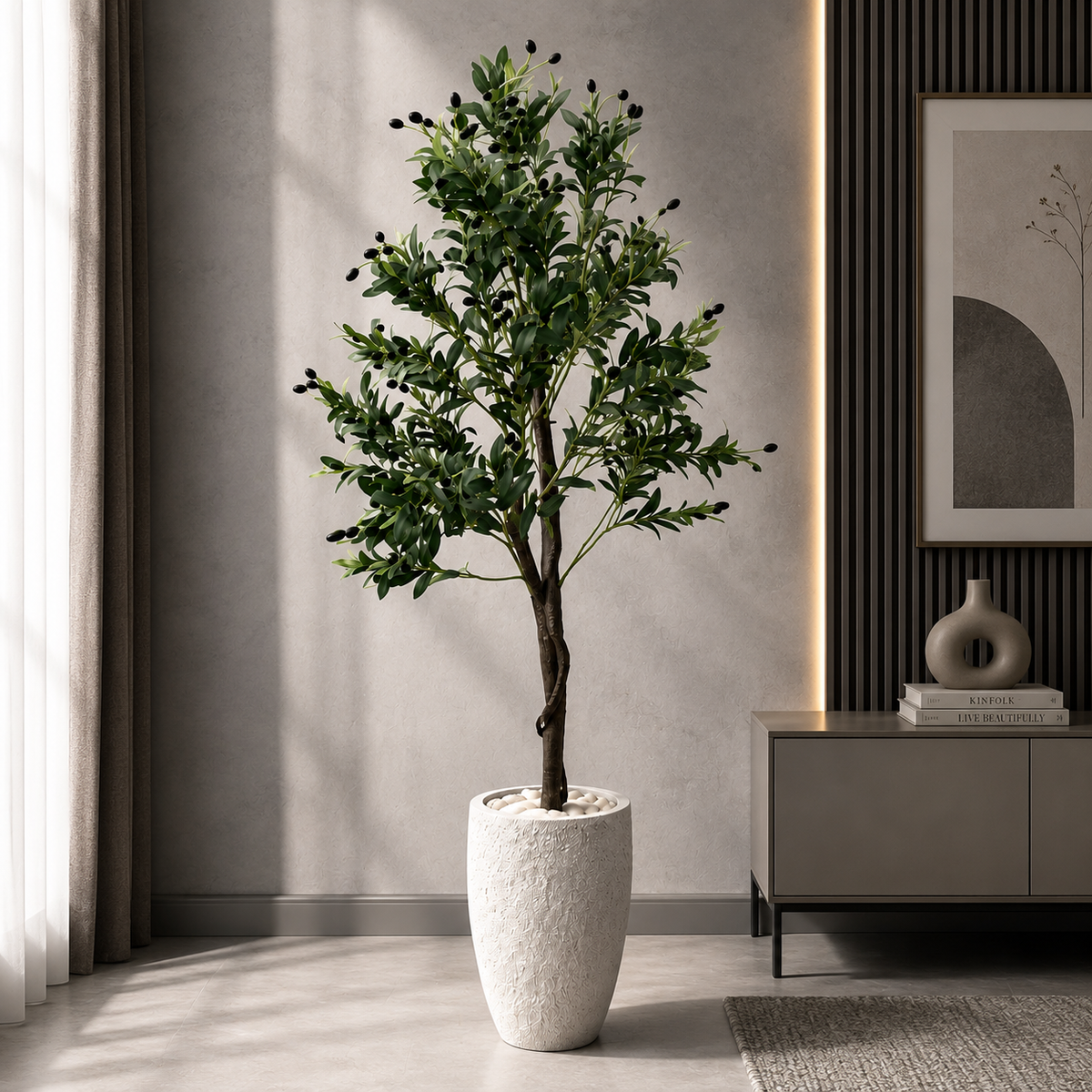 Premium Artificial Olive Tree with Designer White Textured Planter 5.5 FT