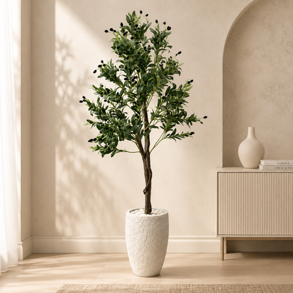 Premium Artificial Olive Tree with Designer White Textured Planter 5.5 FT