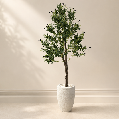 Premium Artificial Olive Tree with Designer White Textured Planter 5.5 FT