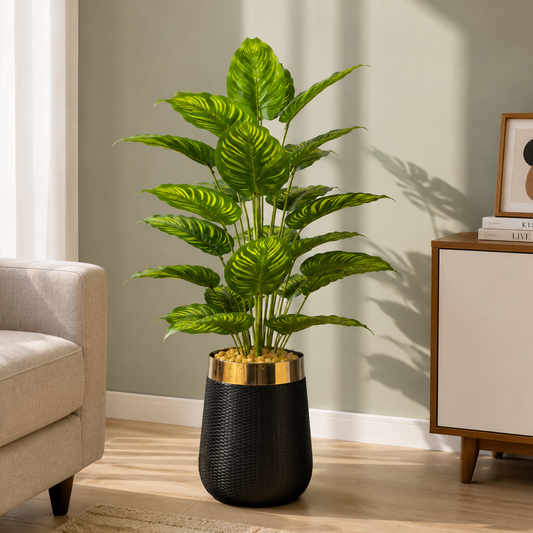 Artificial Calathea Plant with Premium Black & Gold Planter 5 FT