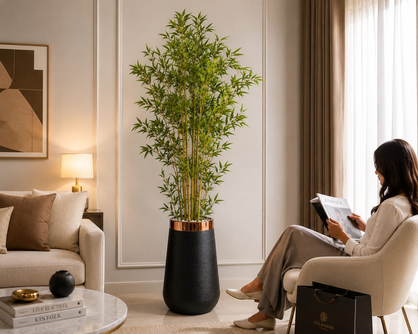 Artificial Bamboo Plant with Premium Black Gold Planter 7 FT