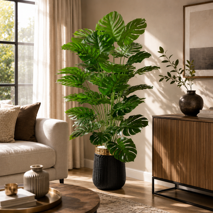 Artificial Monstera Plant with Premium Black Planter 6 FT